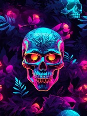 vector illustration neon skull on a dark background