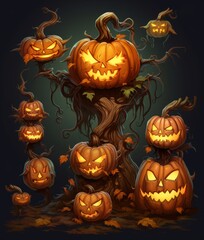 A unique display of pumpkins perched on a tree branch