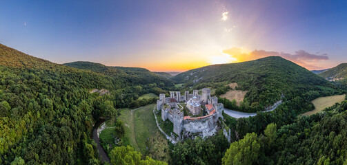 Manasija monastery castle walls aerial drone sunset panorama, Serbia