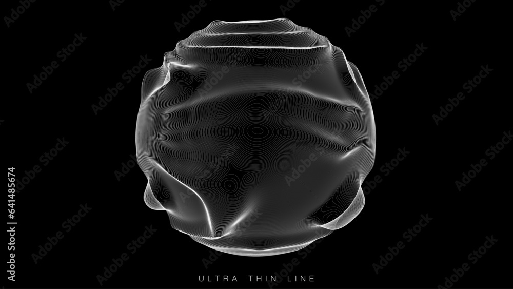 Poster ultra thin line fluid geometry. dynamic vector distorted spheres.