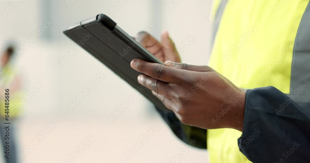 Aufkleber tablet, hands and engineering with person in warehouse for project management, search or constructio