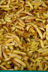 Box with street or take away food fresh baked french fried potatoes chips ready to eat