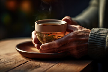 A person practices mindfulness while enjoying a cup of tea, emphasizing the importance of present-moment awareness for wellbeing. Generative Ai.