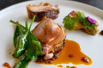 Exquisite suckling pig dish of modern French haute cuisine prepared with fresh organic ingredients from restaurant own garden and farm and beautifully served