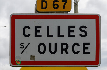 Celles sur Ource road sign, village of champagne sparkling wine in Cote des Bar, Champagne, France