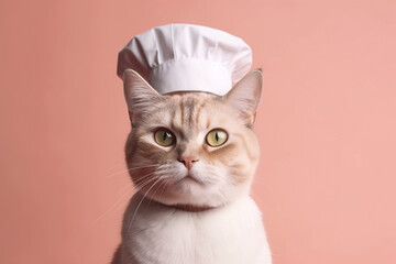 Photo portrait of happy cute cat dressed as chef 