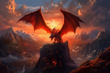 Big angry red dragon spreading its wings on top of a mountain in a valley against a sunset background
