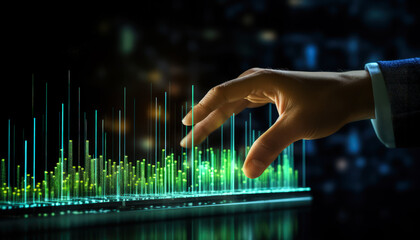 financial analyst uses a touchscreen to analyze market trends.