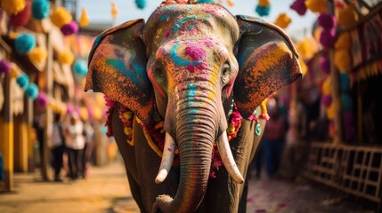 an elephant with colorful paint on its face - Powered by Adobe