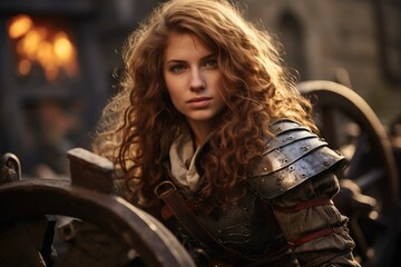 a woman in armor with long curly hair