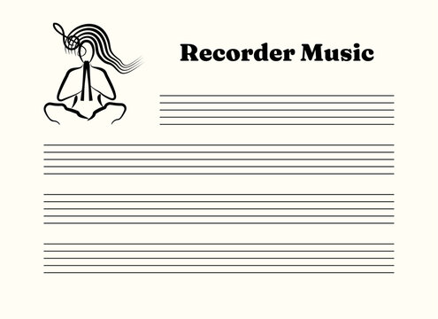Musical notes blank sheet with abstract woman playing two flute recorders. Black lines on white background. Editable stroke vector illustration.