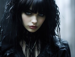 Fototapeta premium a woman with black hair and a black necklace