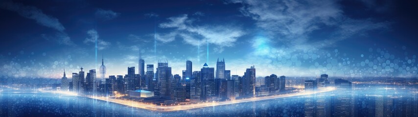 a city skyline with lights and a river