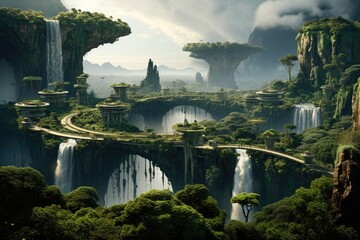 a fantasy landscape with a bridge and trees
