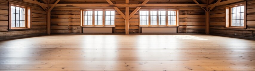 a large room with windows and wood floors