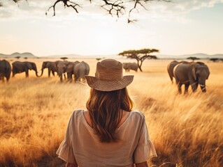 a woman in a hat looking at a herd of elephants - Powered by Adobe