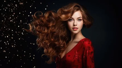 Fotobehang Generative AI, beautiful European curly brunette girl in a red shiny evening dress on a dark background, happy new year, christmas, celebration, party, elegant woman, amazing lady © Julia Zarubina