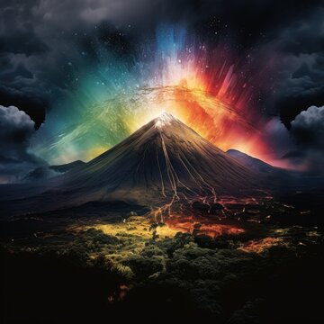 a volcano with rainbow light coming from the top