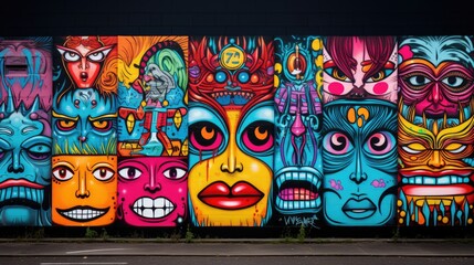 a wall with colorful faces painted on it