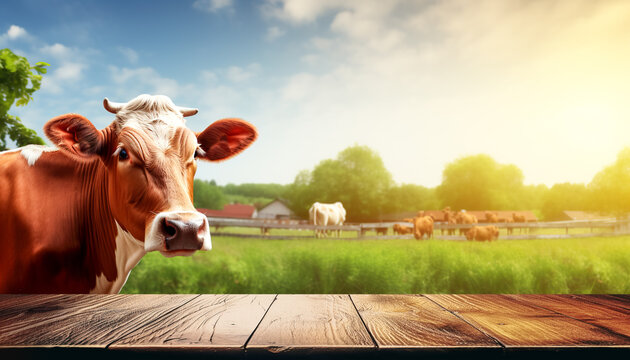 Empty wooden table top with meadow, farm and cows on a grass green field during the summer, morning light background. for display or montage your products. digital ai