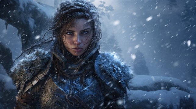 a woman in armor in the snow