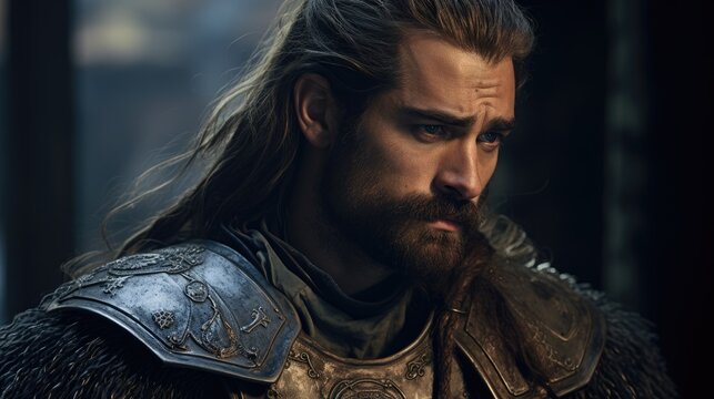 A Man With Long Hair And Beard Wearing Armor