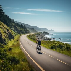 a person riding a bicycle on a road near the ocean