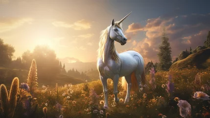 Wall murals Meadow, Swamp a unicorn in a field of flowers