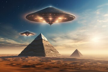 a group of pyramids and ufos in the sky