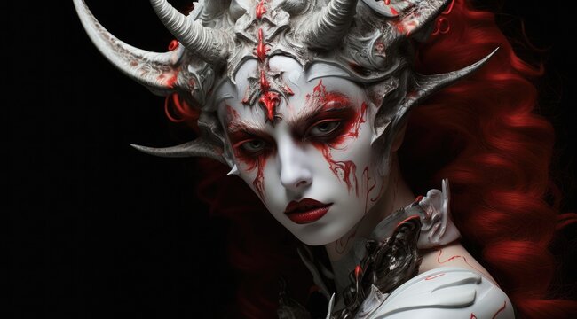 a woman with red and white makeup and horns