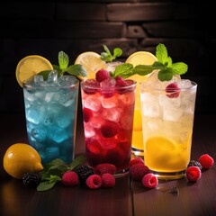 a group of drinks with fruit and mint