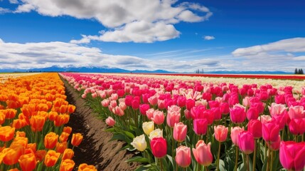 a field of tulips with mountains in the background with a park in the background