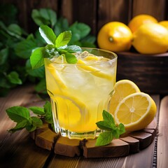 a glass of lemonade with ice and mint