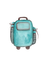 Mint suitcase on wheels. Isolated watercolor illustration
