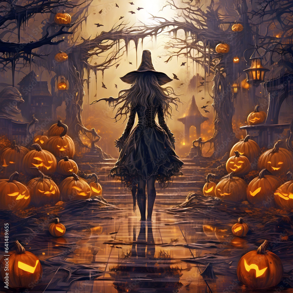 Wall mural Halloween theme, decorations with jack-o'-lantern . AI generated. - Wall murals