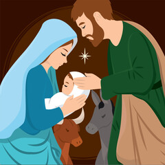 Obraz premium Christmas manger with joseph mary and jesus christ characters Vector