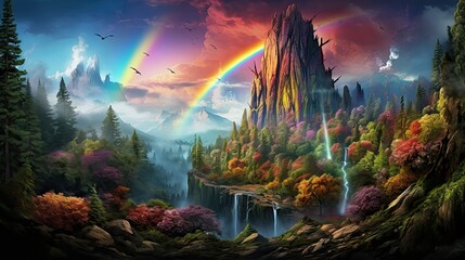 Obraz na płótnie Canvas Colorful fantasy landscape with mountains and trees, rainbows, surreal, illustration