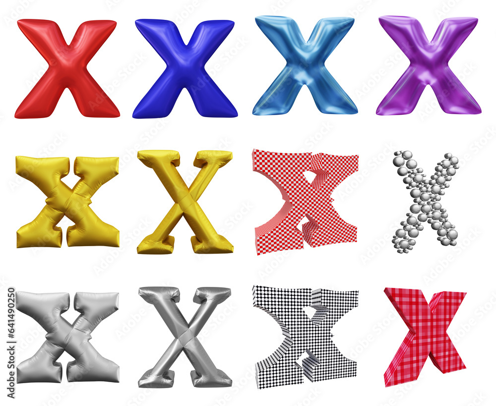 Poster set of alphabet letter x in 3d rendering isolated on transparent background for education and text c