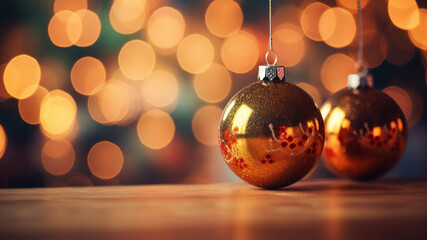 Decorative christmas baubles against bokeh background. Selective focus and shallow depth of field.