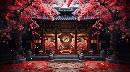Ancient Japanese temple surrounded by pink and red blossoms