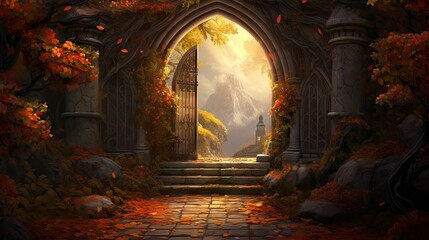 Gateway to a fantasy land in autumn surrounded by orange leaves and trees, illustration