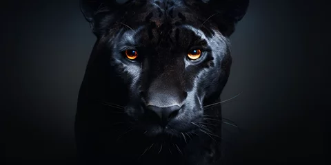 Tuinposter A black jaguar with yellow eyes is looking at the camera, Black panther portrait. Generative AI   © Afsha