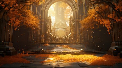 Outdoor temple entrance surrounded by golden leaves and trees, video game concept art