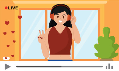 Video playing with a girl listening to music Streaming concept Vector