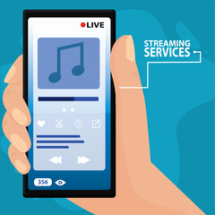 Hand holding a smartphone with a music app Streaming services Vector