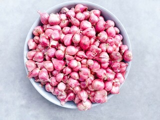 Red onion on gray background. Top view. Spices
