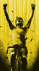A cyclist raising his hands in victory. He wears a pink jersey, the leaders's jersey of the Tour de France. 
Elements of this image were created using AI generative technology.