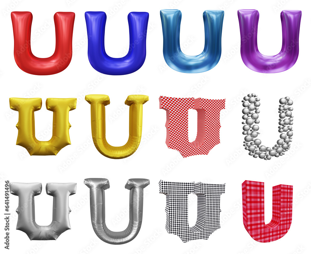 Poster set of alphabet letter u in 3d rendering isolated on transparent background for education and text c