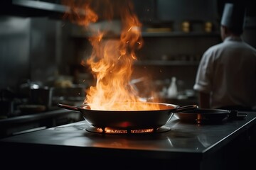Fire in the fire is rising up a chefs pan in the kitchen 
