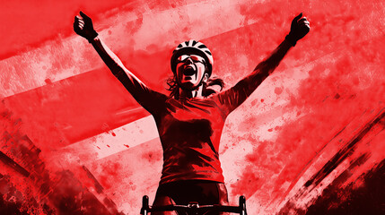 A female cyclist raising her hands in celebration. She wears a red jersey, the leader's jersey of the Vuelta a España.
Elements of this image were created using AI generative technology.
